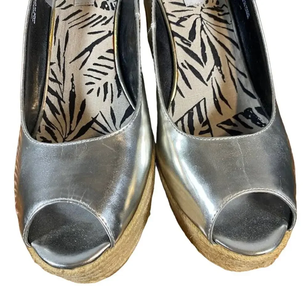Steve Madden Women Metallic Silver Open Toe Ankle Espadrille Wedge Sandals Sz 10